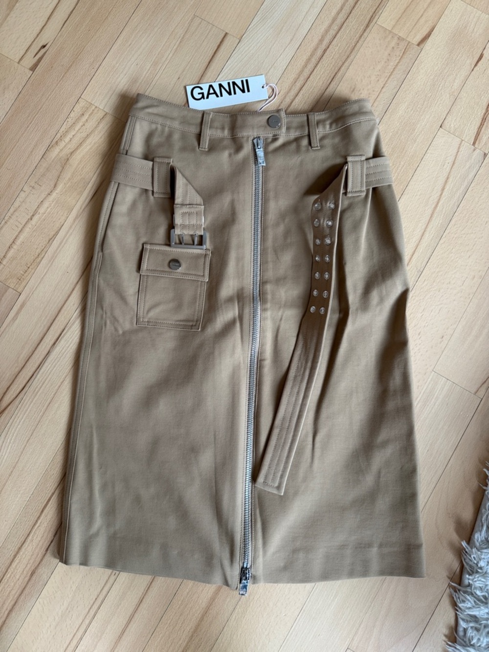 Ganni Tan Utility Midi Skirt with Studded Belt Detail